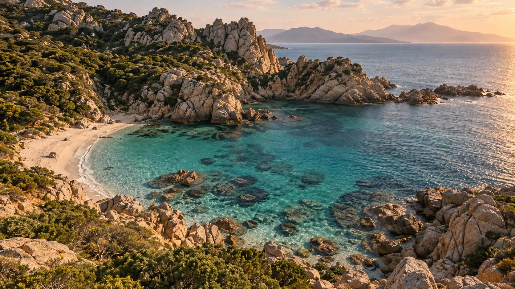 A secluded turquoise cove between sculptural granite cliffs