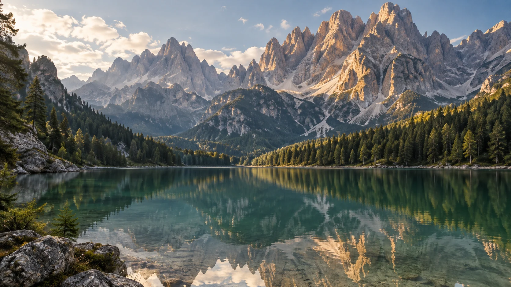 Limestone peaks mirrored in a still alpine lake